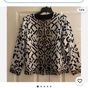 Ming Wang Open Front Cardigan Jacket Knit Ladies PL White Beige Brown Geometric